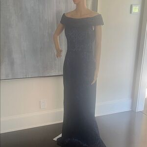 Teri Jon Navy Off-Shoulder Maxi Dress